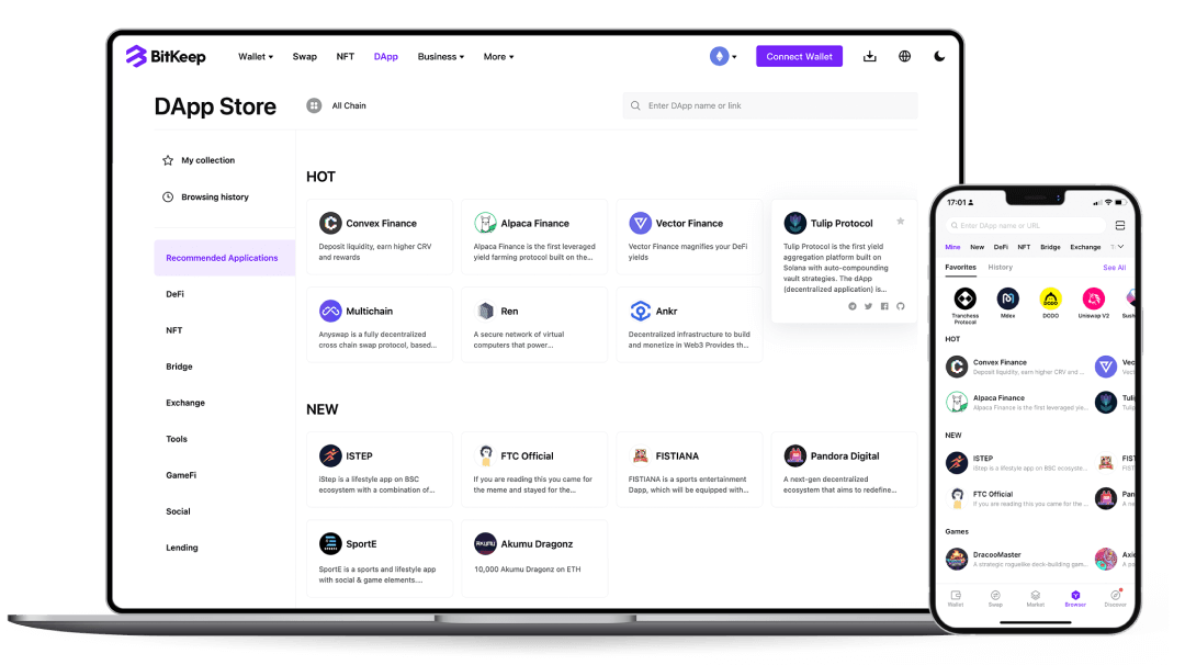 Bitkeep DApp store on laptop and mobile
